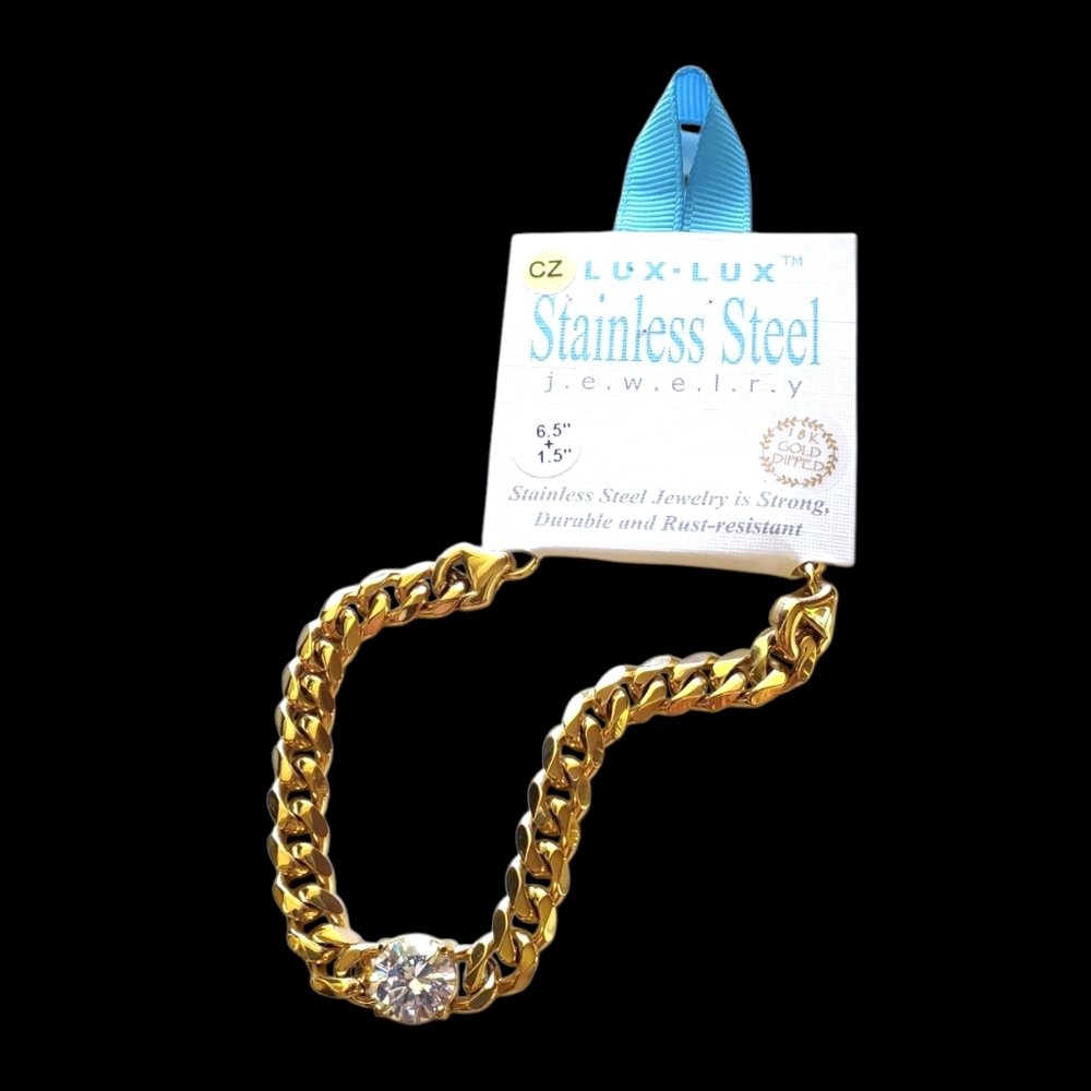 Cuban Link Stainless Steel Bracelet with Round CZ Pendant